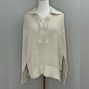 Nautica Jeans Cotton Knit Sweater Lace Up Collar Cream Fisherman Medium NWT